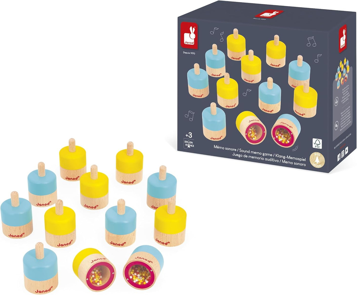 Janod - Sound Memo - Jogo de Despertar Sensorial - 12 Blocos de Som Contendo 6 Sons para Combinar em Pares - Desenvolve Audição e Memória Auditiva - Desperta os Sentidos - Brinquedo de Madeira