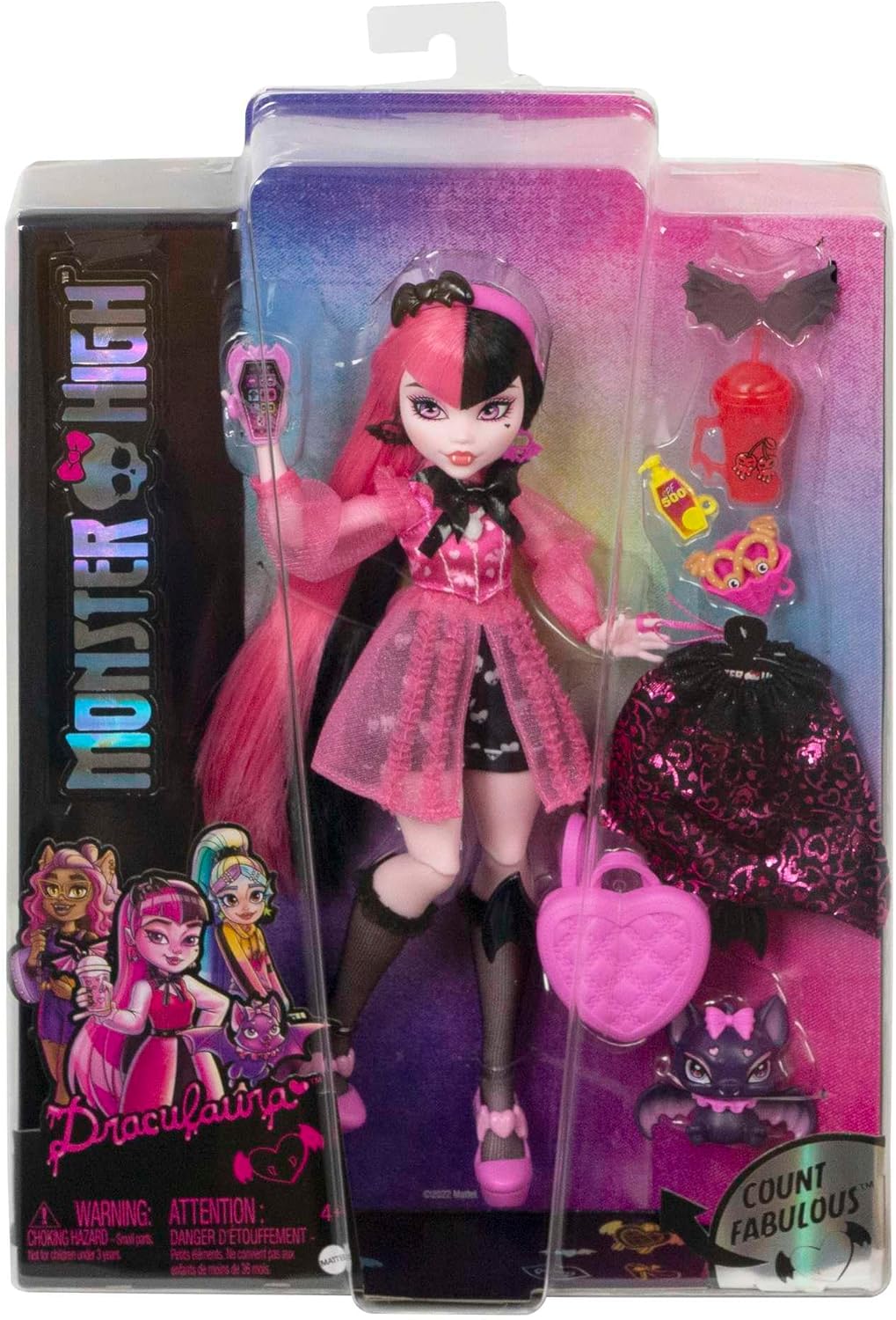 Muñeca Monster High Draculaura, muñeca vampiro moderna con cabello rosa y negro, fabuloso juguete y accesorios para muñecas, juguetes para mayores de 4 años, una muñeca, HHK51