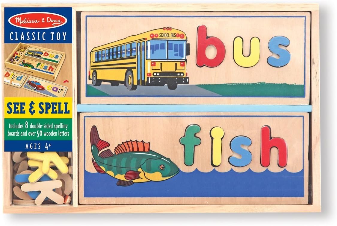 Melissa & Doug Espanhol See & Spell Brinquedo educacional de aprendizagem de línguas, brinquedos de desenvolvimento inicial e atividades, quebra-cabeça, quebra-cabeça de madeira, presente para menino ou menina de 3 anos