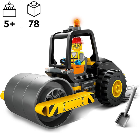 LEGO Rolo compressor de construção de cidade, veículo de brinquedo para meninos, meninas e crianças a partir de 5 anos, conjunto de construção de caminhão modelo com minifigura de trabalhador, brinquedos de engenharia, pequena