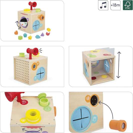 Janod - Cubo de Motricidade e Manipulação - Jogo de Despertar Sensorial - Caixa Sensorial - Cubo de Atividades - 12 Acessórios - Aprendendo Formas e Cores - Despertando os Sentidos - A partir de 18 Meses - J05307
