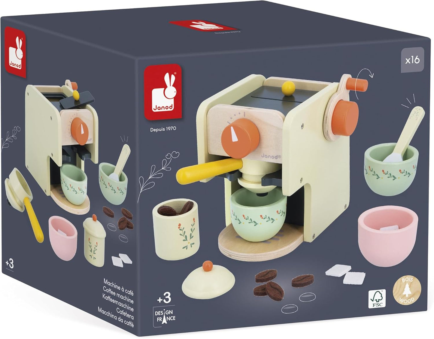 Janod - Máquina de Café Barista Infantil de Madeira - Com Moedor de Café Manual - 20 Acessórios de Madeira e Feltro Incluídos - Brinquedo de Imitação - Desenvolve a Imaginação - A partir de 3 anos - J06644