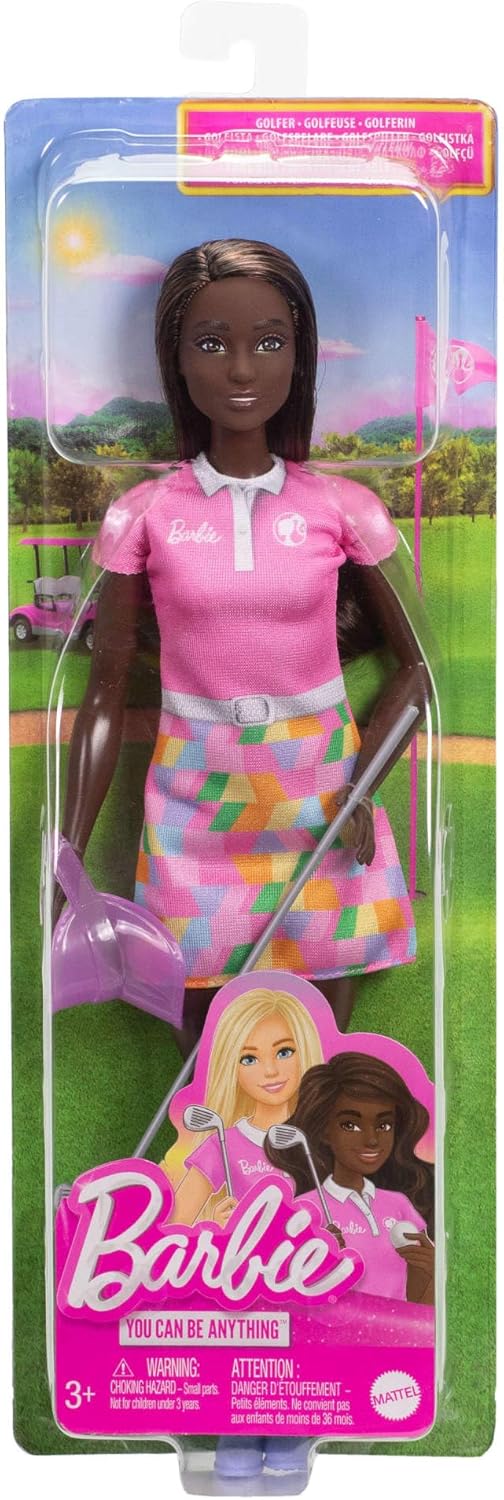 Barbie Boneca Golfista Morena da Moda com Vestido Polo Rosa Removível, Uniforme de Golfe, Inclui Viseira e Acessórios para Taco de Golfe, JCR69