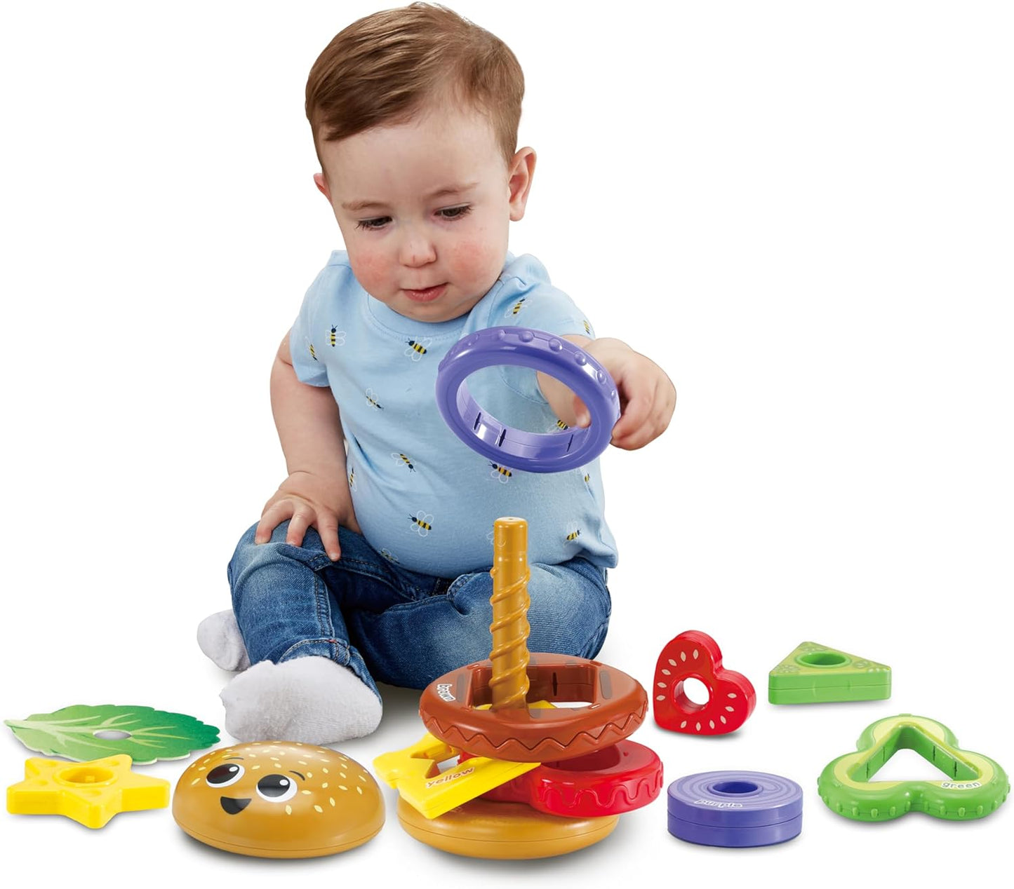 VTech Construye una hamburguesa, apila y clasifica juguete para bebés con 6 piezas de comida, clasifica formas, apila, combina, gira y juega con colores, regalo para bebés de 18, 24 meses en adelante, versión en inglés