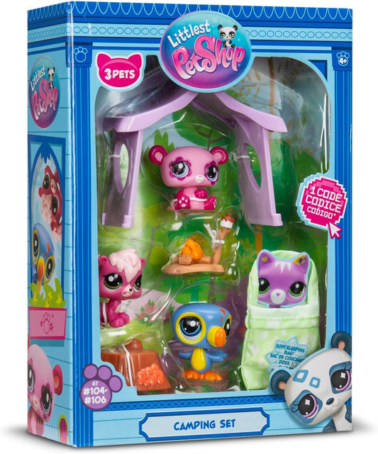 Littlest Pet Shop Série 2 Pacote de Aventura de Acampamento | O pacote contém 3 mini brinquedos LPS, 6 acessórios, 1 cartão colecionável e 1 código virtual | Brinquedos colecionáveis para meninas e meninos