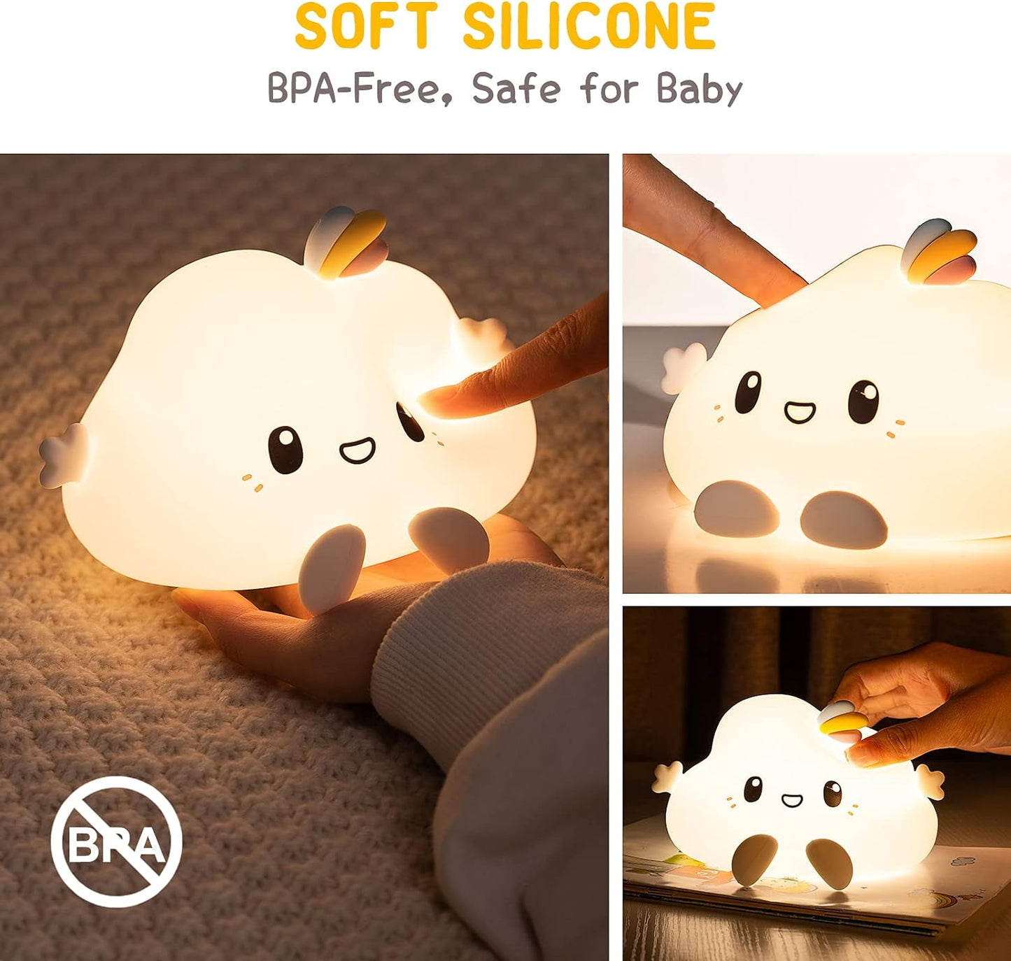 Groov-e Cuties - Olly Cloud - Luz noturna LED que muda de cor com temporizador de 30/60 minutos - 7 cores - Toque para usar - Bateria recarregável de 12 horas ou alimentada por USB - para bebês, crianças pequenas e crianças
