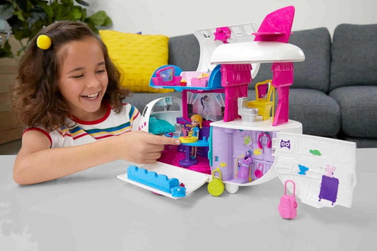 Polly Pocket Travel Toy Playset com boneca e acessórios de 3 polegadas, transformando fabuloso brinquedo de avião a jato voador