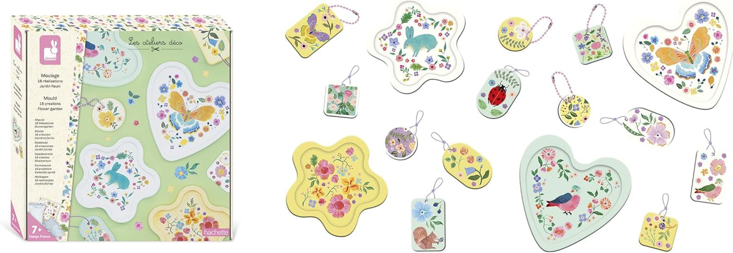 Janod - 16 Objetos para Fazer em Gesso - 12 chaveiros + 4 tigelas de decoração - Kit de Moldagem - Faça Você Mesmo - Kit de Lazer Criativo Infantil - Motricidade fina e concentração - A partir de 7 anos - J09162