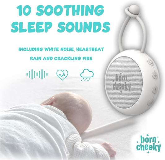 Born Cheeky Máquina portátil de ruido blanco para bebé, chupete para dormir, cochecito de guardería, carrito para dormir recargable con 10 sonidos, luz nocturna LED, bloqueo para niños