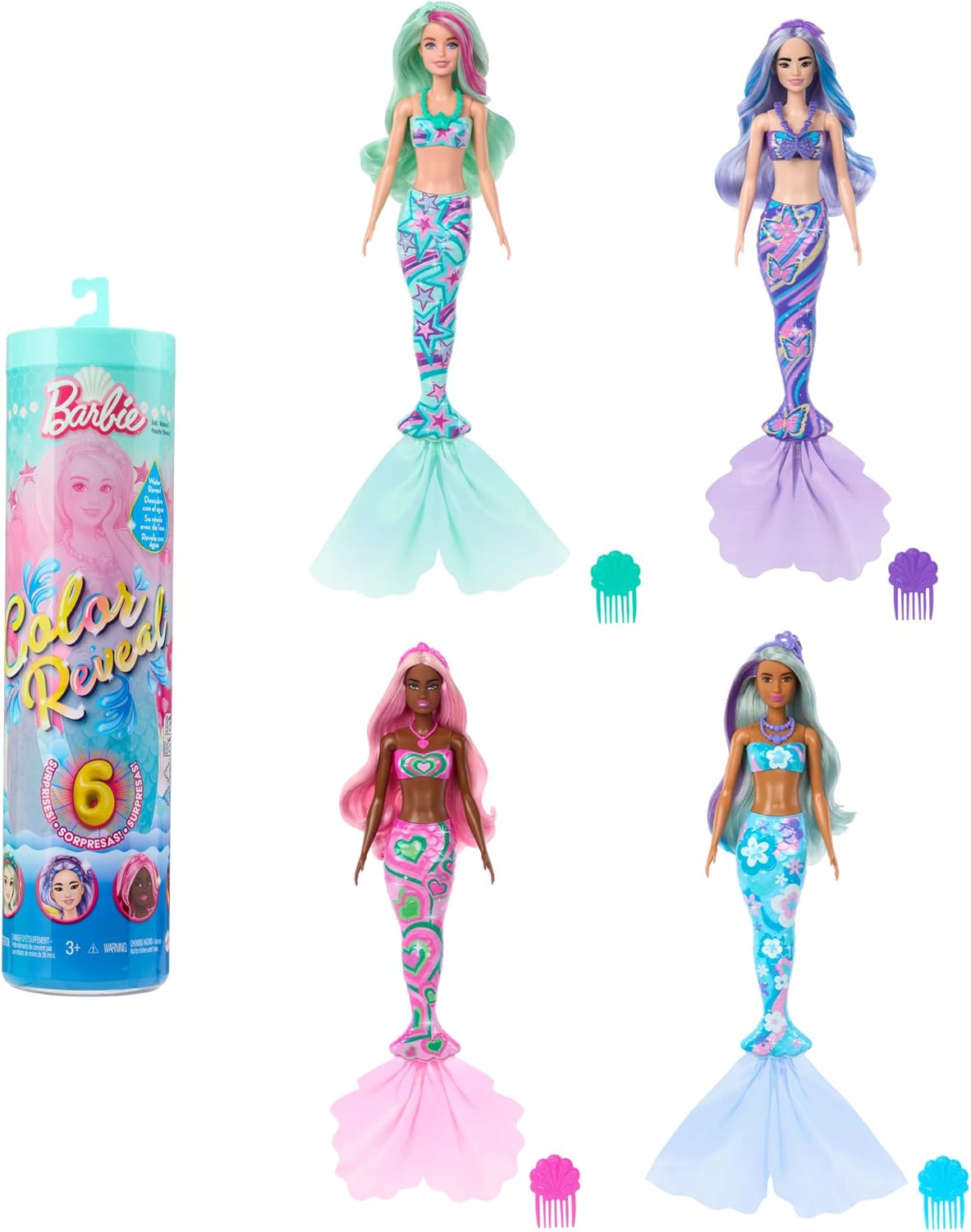 Barbie Boneca Color Reveal e acessórios com 6 surpresas de desempacotamento, série Mermaid com cabelo que muda de cor, HRK12