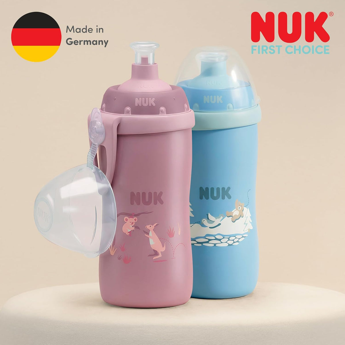 NUK Garrafa de Água First Choice Push-Pull para Crianças | 18+ Meses | 300 ml | Bico Resistente a Mordidas | Garrafa Antivazamento | Urso Azul | 1 Unidade