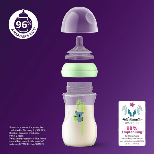 Philips Avent Natural Response Conjunto de 3 mamadeiras de 260 ml com bicos de fluxo médio (fluxo 3), com estampa tropical, SCY903/73