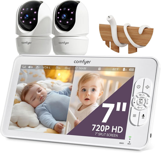 Monitor de bebê com câmera e áudio 1080p, monitor de vídeo HD 720p de 7" sem WiFi, bateria de 4000mAh, monitor de bebê de tela dividida mais confortável sem WiFi, 2 câmeras e visão noturna, monitor de bebê HD de 7" com suporte flexível
