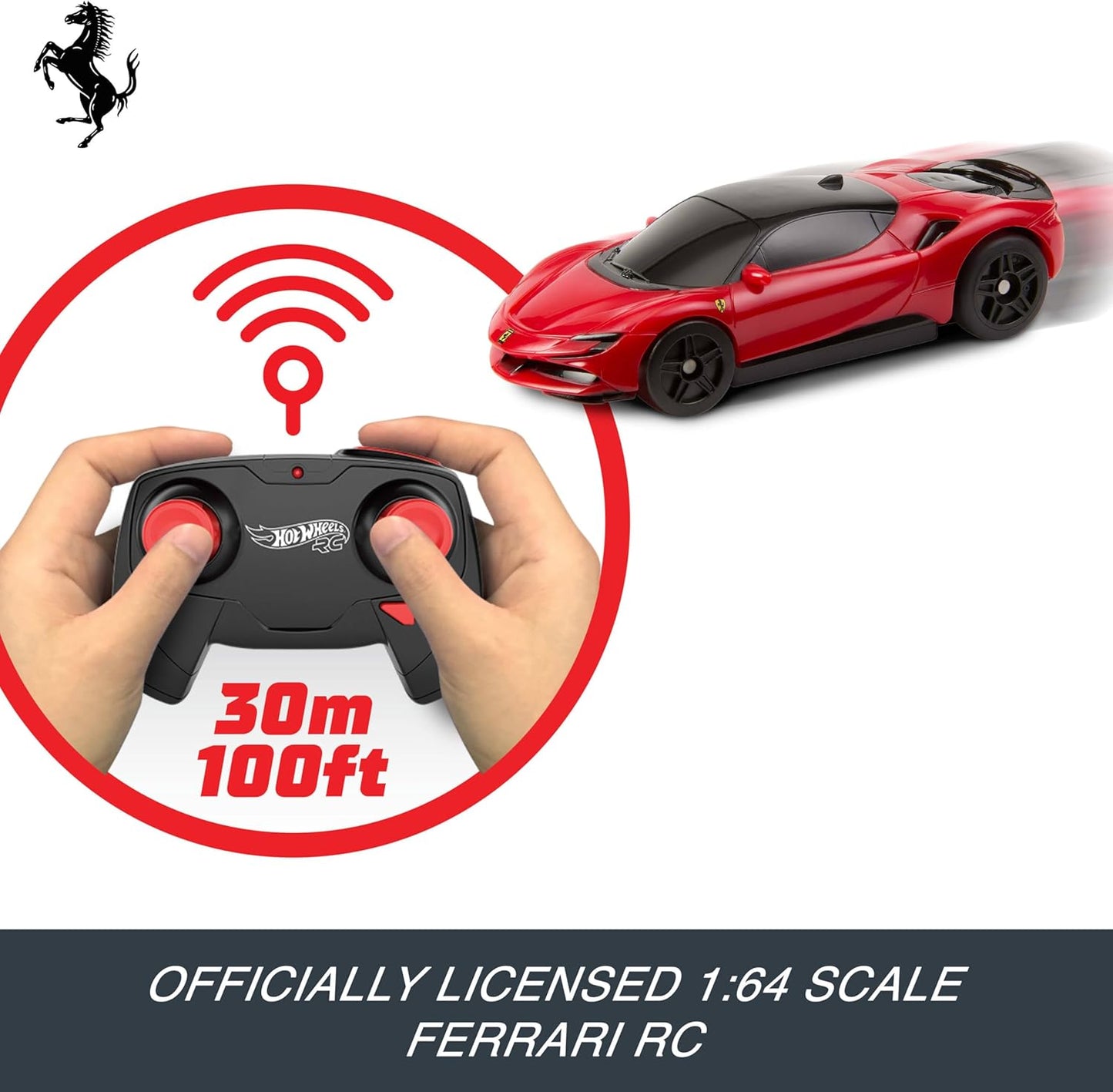 Carrinho de brinquedo Hot Wheels RC, Ferrari SF90 Stradale Assetto Fiorano com controle remoto na escala 1:64, para corridas dentro e fora da pista, com botão de impulso para aumentar a velocidade, JGD09