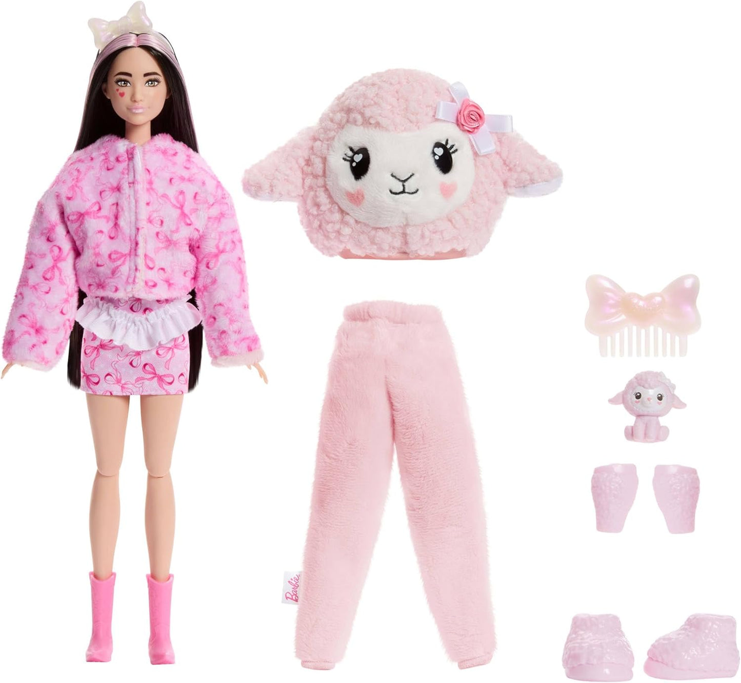 Barbie Cutie Reveal Boneca e Acessórios, Série Cuddly Cordeiro com 10 Surpresas Incluindo Mudança de Cor e Mini Animal de Estimação, JJP66