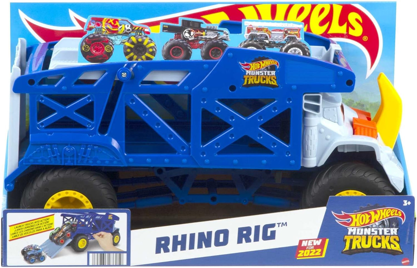 Hot Wheels Monster Trucks Monster Mover Rhino, Toy Car Hauler, comporta 12 Monster Trucks em escala 1:64 ou 32 Hot Wheels, com lançamento de rampa, presente para crianças de 3 anos ou mais, HFB13