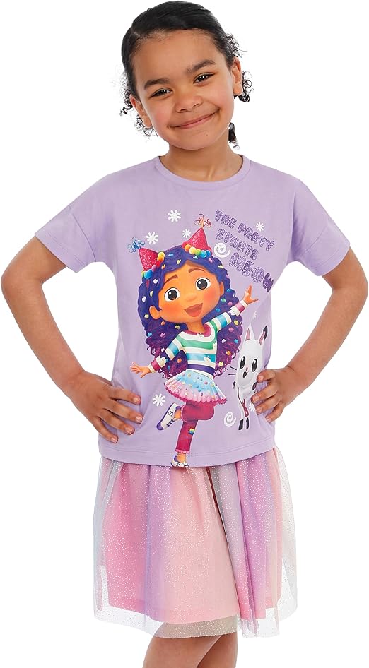 DREAMWORKS GABBY'S DOLLHOUSE Conjunto de camiseta e saia de tule para meninas | Roupa de festa para meninas | Conjunto de verão | Idades de 3 a 10 anos