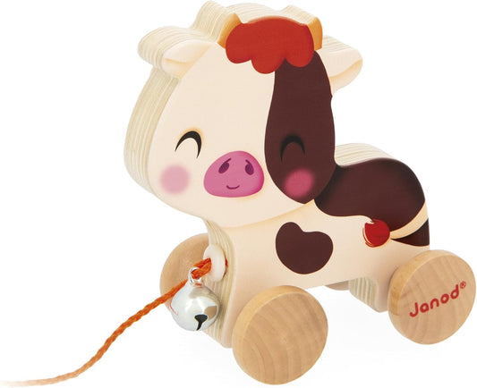Janod - Wooden Walking Cow with Tinkerbell - Pull & Push Toy - Motor Skills & Imagination Training - 50cm string suitable for little hands - FSC Certified - From 12 months, J03324
