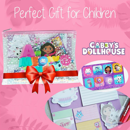 Gabby's Dollhouse Conjunto de colorir – Kit de papelaria de viagem com 9 peças para crianças – Conjunto de colorir Gabby Cat com marcadores, adesivos, caderno e estojo – Presente para meninas