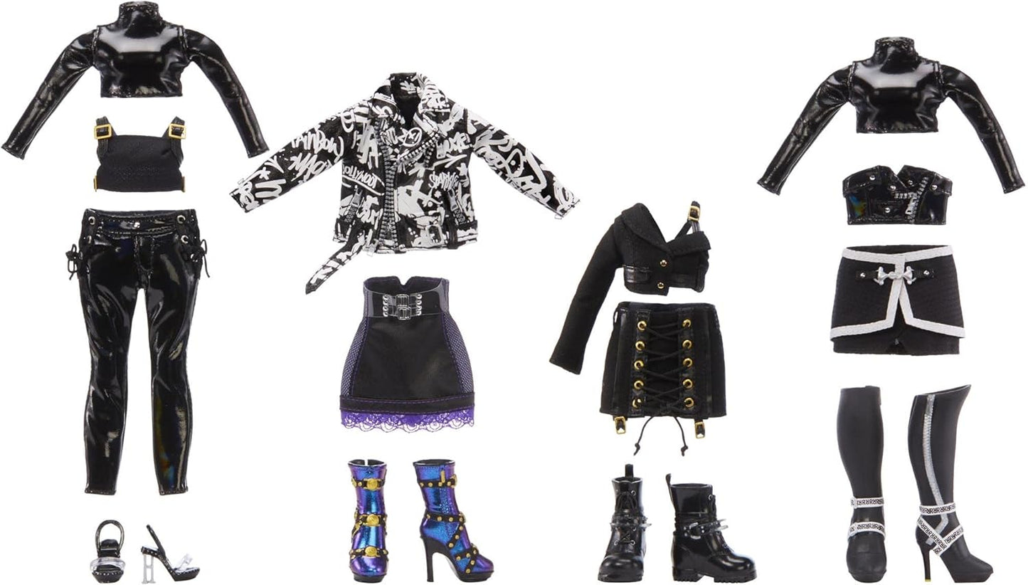 Rainbow High - Ainsley Slater - Boneca Fashion Preta e Dourada. Inclui 3 conjuntos de roupas de grife combináveis e acessórios. Ideal para crianças de 6 a 12 anos e colecionadores.