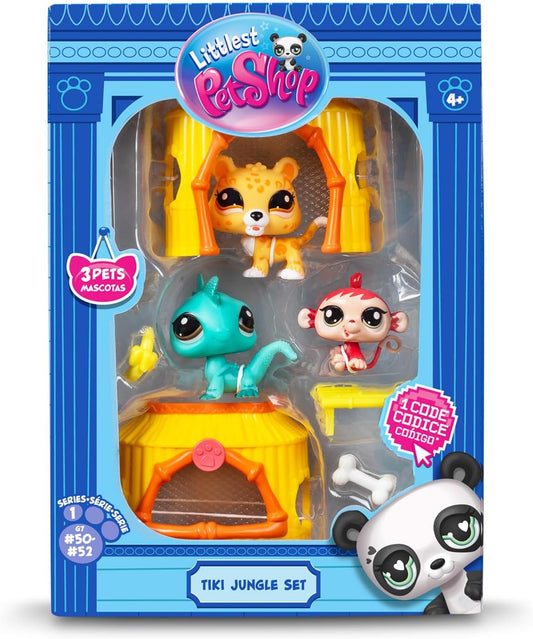 Littlest Pet Shop Tiki Jungle Playpack | O pacote contém 3 mini brinquedos LPS, 3 acessórios, 1 cartão colecionável e 1 código virtual | Brinquedos colecionáveis para meninas e meninos