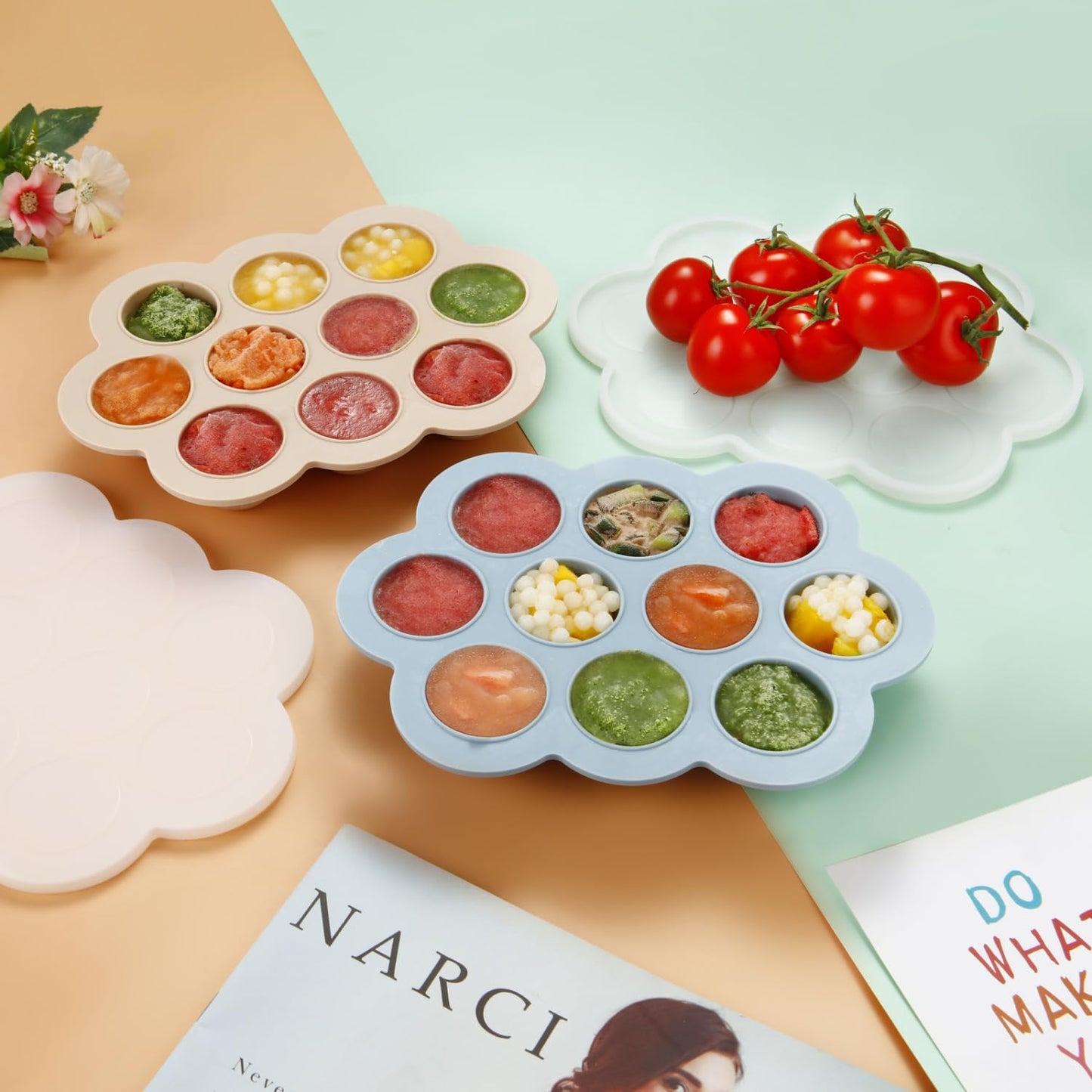 PandaEar Conjunto de 2 Bandejas de Silicone para Congelador de Comida de Bebê com Tampas, Bandeja para Congelamento de Comida de Bebê para Introdução Alimentar,