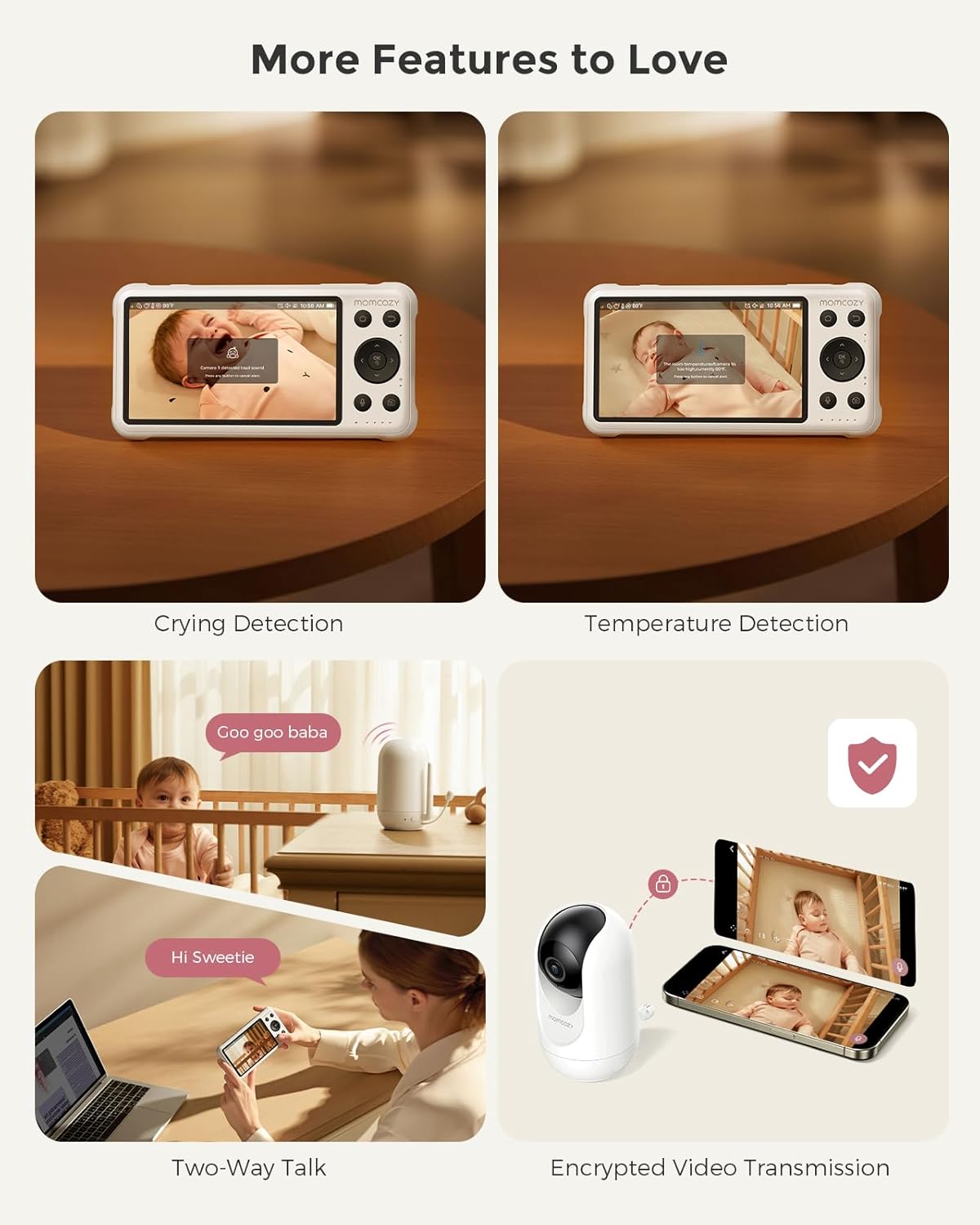 momcozy Babá Eletrônica Inteligente com Wi-Fi – Tela HD 1080p, Alertas de Movimento e Choro, Visão Noturna, Zona Segura e Monitoramento de Temperatura, Comunicação Bidirecional, Acesso ao Aplicativo e à Unidade dos Pais, Pode Ser Montada na Parede