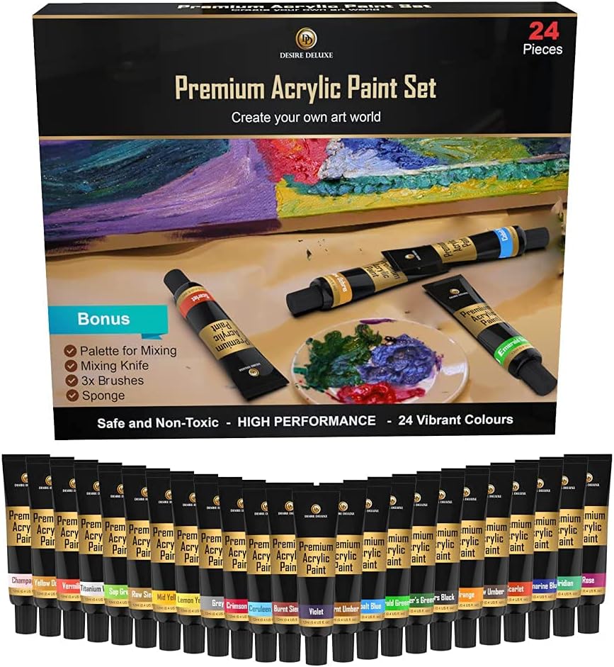 Desire Deluxe Juego de pintura acrílica, útiles escolares para artistas, kit de manualidades de 30 piezas para piedra, madera, cerámica, lienzo, papel y tela, incluye cuchillo mezclador, esponja, paleta y pinceles premium de 3 tamaños