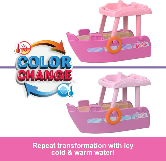 Barbie Conjunto de boneca Mini BarbieLand e veículo de brinquedo, boneca Barbie de 3,8 cm e barco dos sonhos com mudança de cor, além de escorregador e piscina removíveis, HYF41