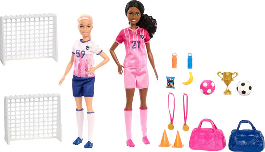 Muñecas profesionales Barbie y 15 accesorios, juego de jugador de fútbol con muñecas Barbie “Brooklyn” y Petite Blonde, 2 redes, 2 pelotas y más, HRG88
