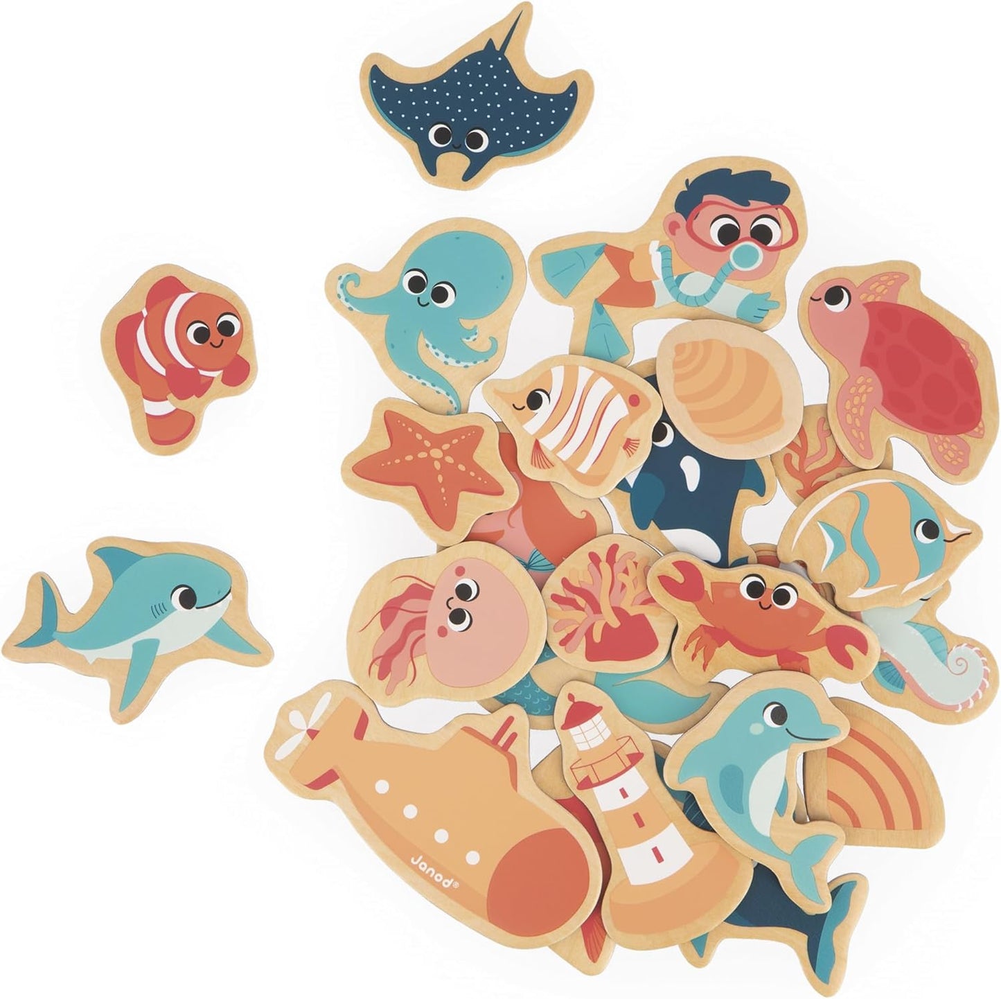Janod - 24 Ímãs Magnéticos de Madeira - Unicórnios, Ímãs - Canteiro de Obras, Ímãs - Fazenda, Ímãs - Frutas e Vegetais, Ímãs Magnéticos de Madeira - Jardim, Mundo Marinho - Madeira