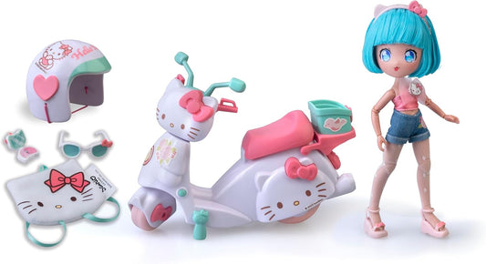 Hello Kitty Famosa 4SF Hello Kitty Linda Scooter Rosa, Boneca Fashion Japonesa com Motocicleta, Figura de 19,5 cm com 15 Pontos de Articulação, Inclui Capacete e Bolsa, Vestindo Top com Micro Shorts (HKTF3000)