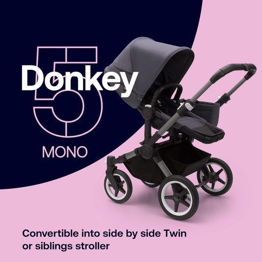 Bugaboo Donkey 5 Mono, convertible en cochecito doble lado a lado, diseño mejorado, asiento reversible, dirección con una sola mano y cesta lateral, grafito/azul tormenta