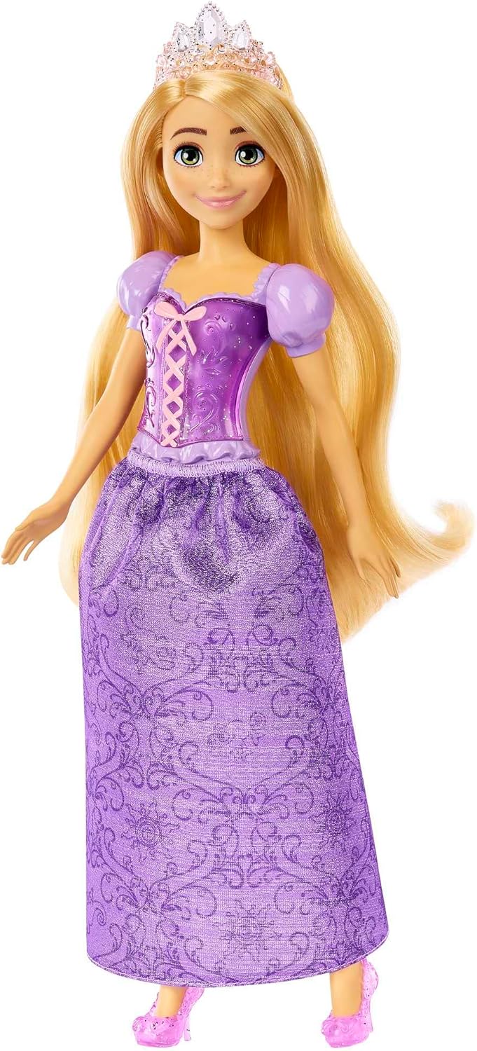 Mattel Boneca Disney Princess Rapunzel, Rapunzel emaranhada em roupas exclusivas, boneca fashion colecionável, boneca articulável com cabelo loiro, coroa de tiara, acessórios para bonecas, brinquedos para maiores de 3 anos, HLW03