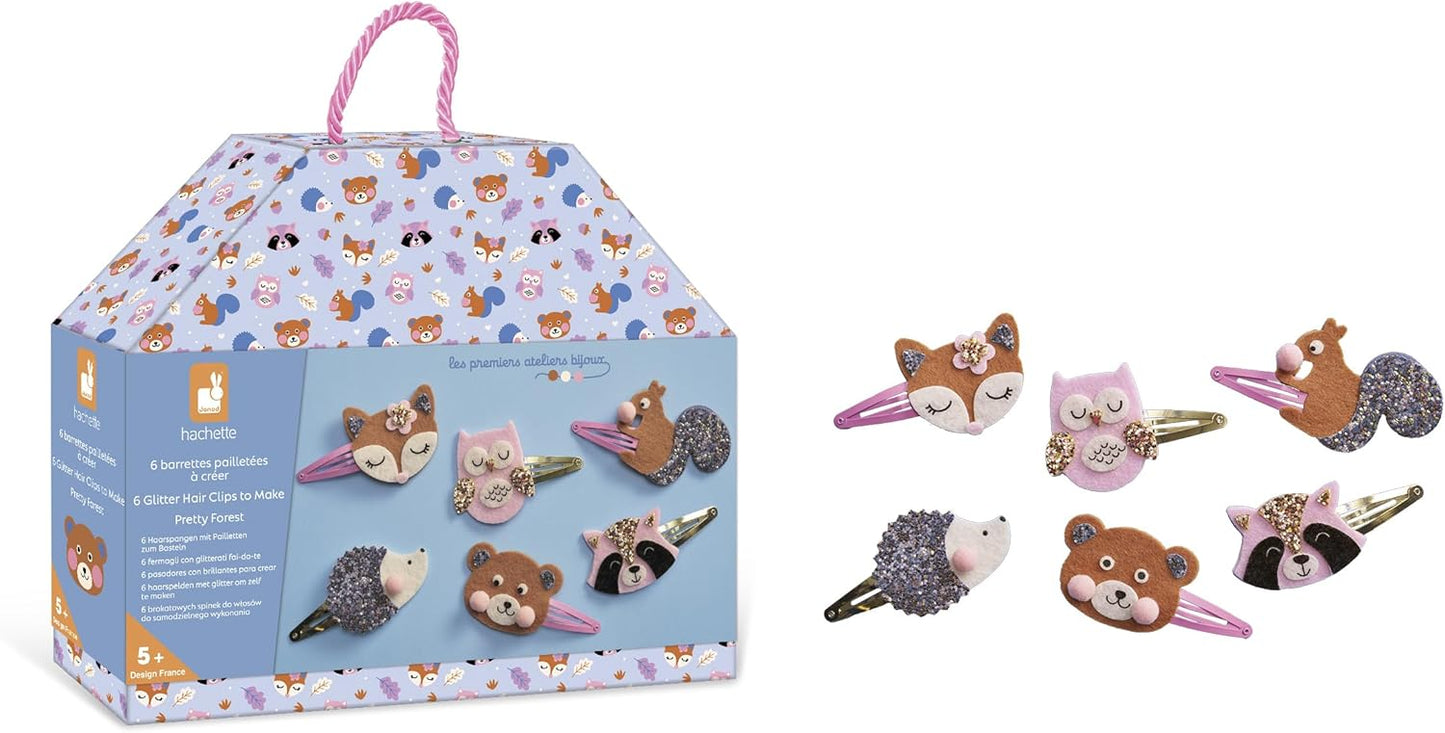 Janod - Conjunto de 6 prendedores de cabelo para criar - Animais da floresta - Les Ateliers Bijoux - Kit de lazer criativo infantil - Motricidade fina e criatividade - A partir de 5 anos - J09180