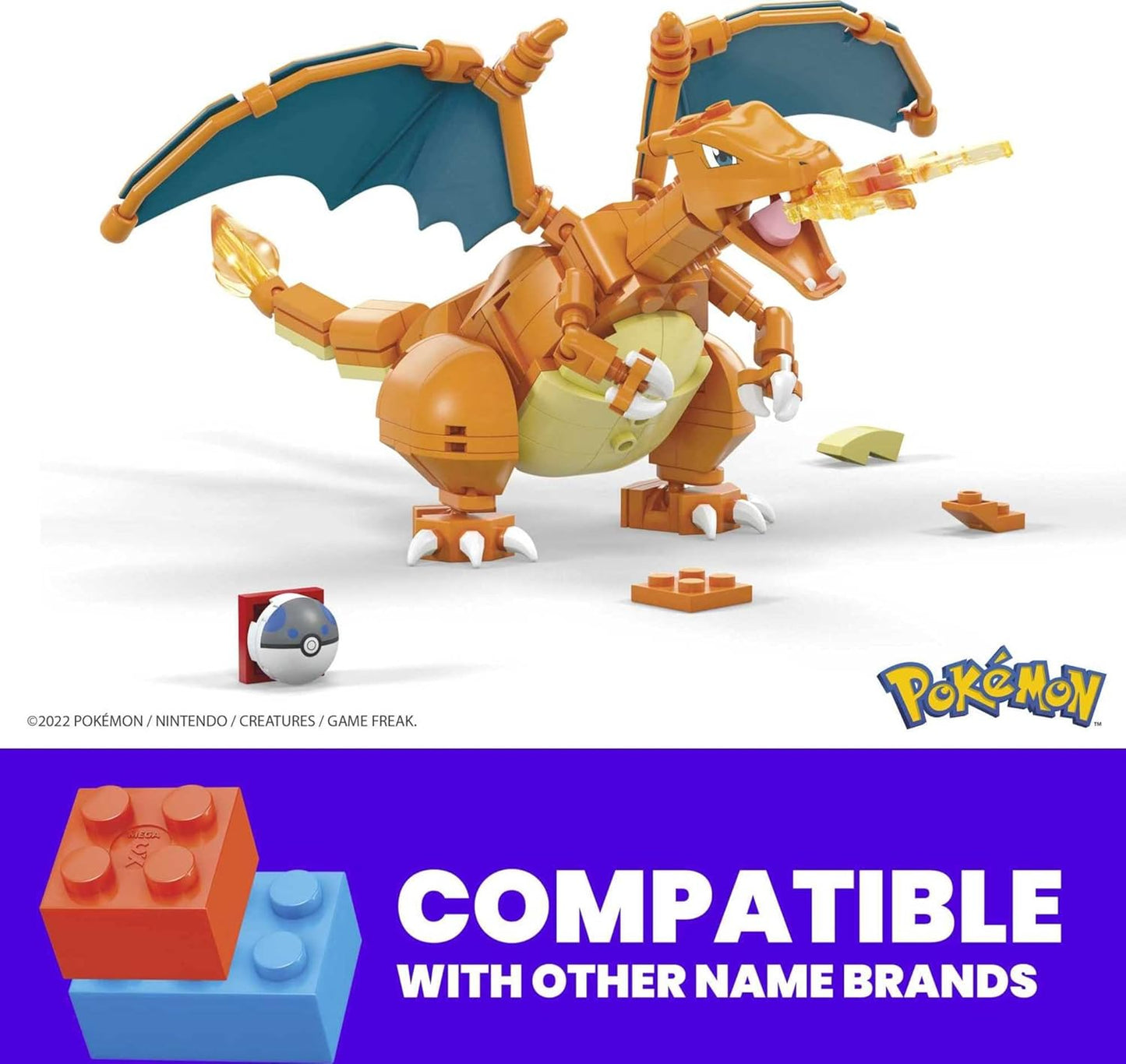 MEGA Pokémon Every Eevee Evolution conjunto de construção de brinquedo Pokémon Building Toys Action Figure, Charizard articulado de 4 polegadas colecionável para exibição com pino de bola pesada bônus
