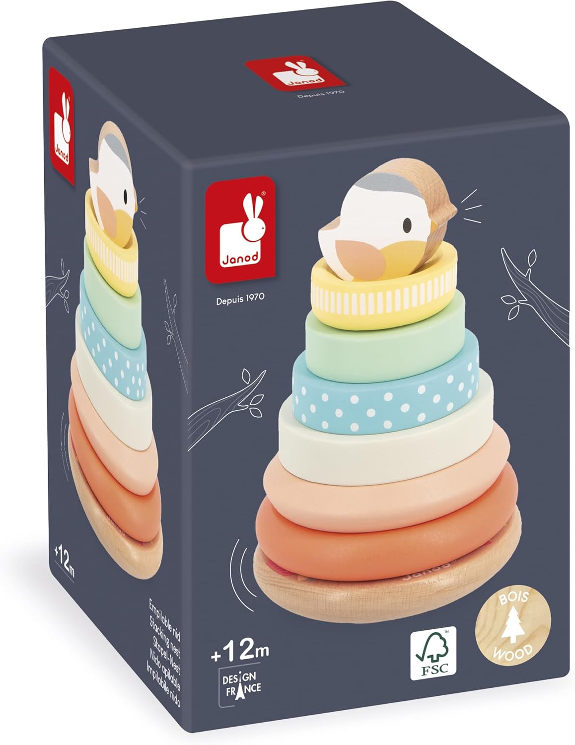 Janod - Pássaro Culbuto de madeira empilhável - Brinquedo de madeira para aprendizagem precoce - 7 peças para empilhar - Torre empilhável - Base móvel - Brinquedo para bebês a partir de 1 ano - J05145