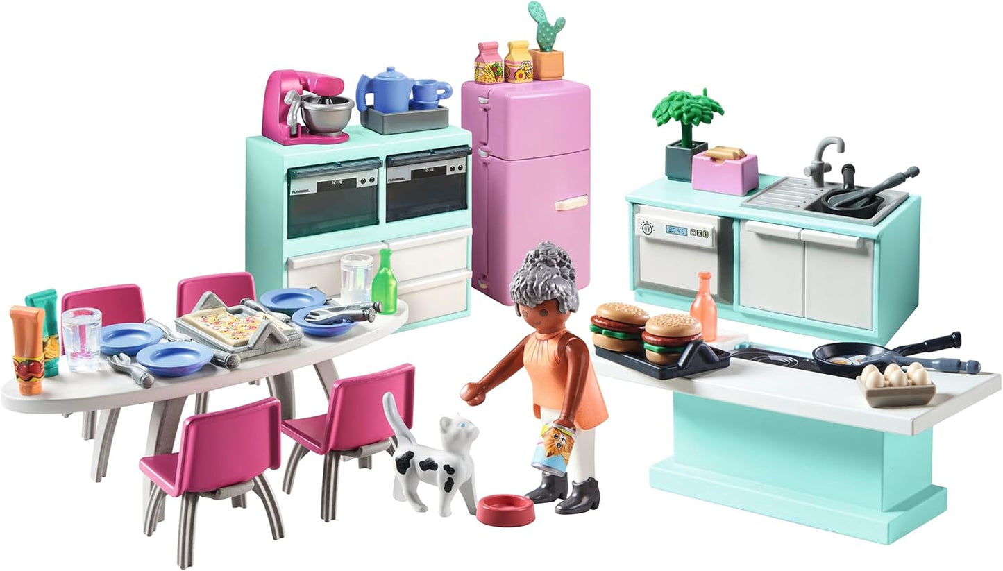 Playmobil 71608 myLife: Cozinha com área de jantar, cozinha totalmente equipada para dramatizações detalhadas, feita com mais de 80% de materiais reciclados e de base biológica, conjuntos de jogos adequados para crianças a partir de 4 anos