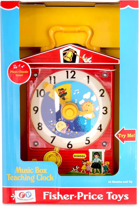 Clássicos da Fisher-Price, relógio de ensino com caixa de música, brinquedo musical para bebês, brinquedo interativo para bebês, brinquedo clássico com embalagem estilo retrô, brinquedos de simulação para meninos e meninas com mais de 18 meses
