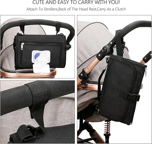 Bebamour Cambiadores de pañales portátiles con toallitas húmedas para viajes Cambiadores de bebé con almohadilla para la cabeza del bebé Cambiadores de pañales impermeables Esenciales para recién nacidos, nuevo negro