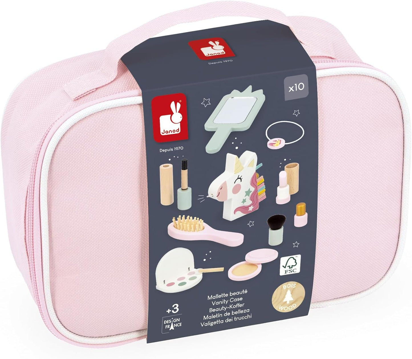 Janod - Estojo de Beleza - Tema Unicórnio - 10 Acessórios Fornecidos - Brinquedos de Maquiagem de Madeira FSC - Kits de Brinquedos Cosméticos - A partir de 3 Anos - J06465
