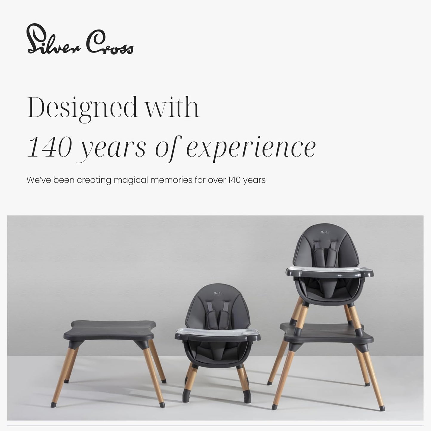 Silver Cross - Cadeira Alta Eat&Play 4 em 1 - Cadeira conversível para bebê - Cadeira alta, assento elevatório, cadeira infantil e mesa, tudo em um, de 1 a 6 meses até 5 anos - Grafite