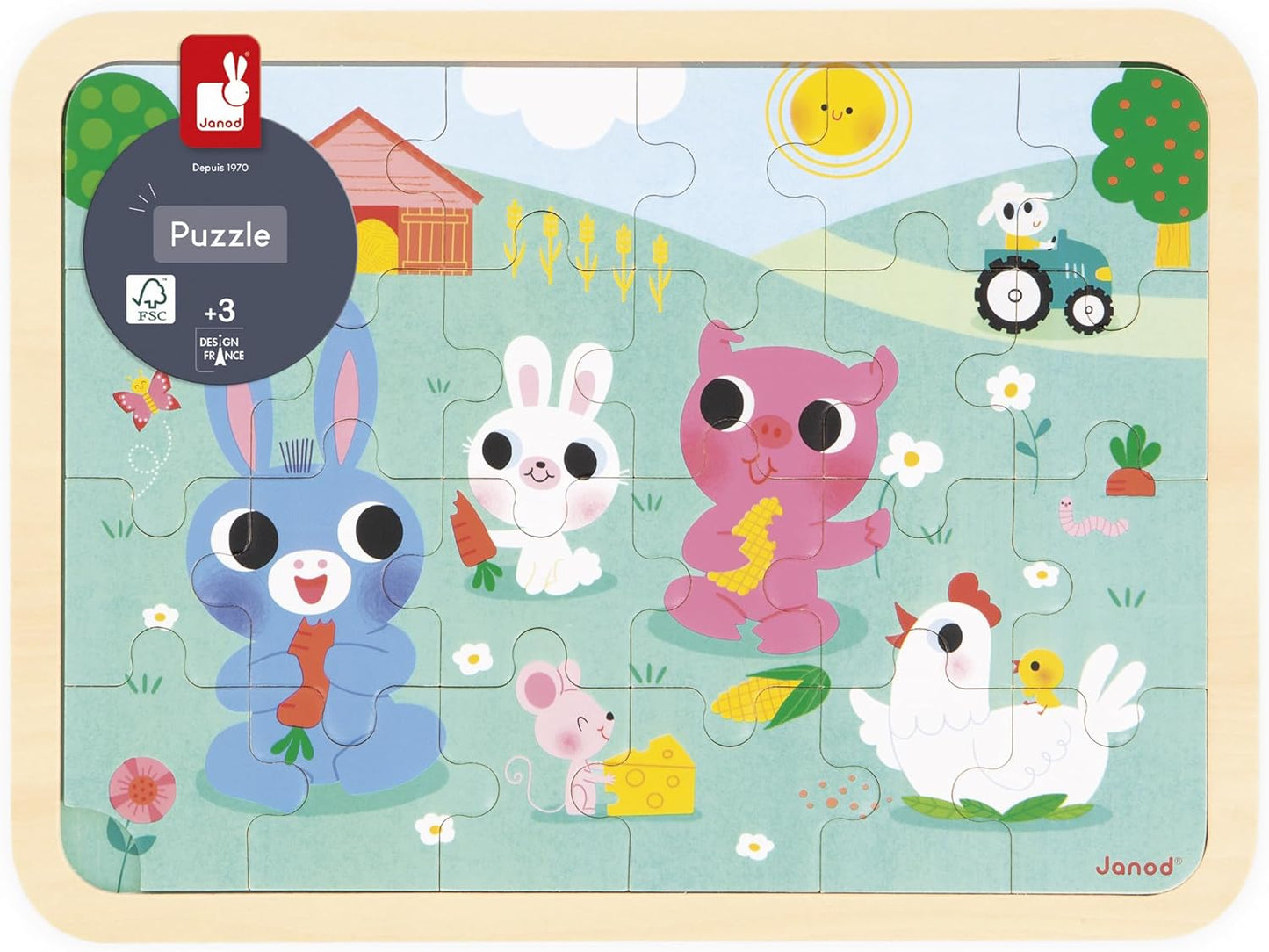 Janod - Quebra-cabeça de Madeira 24 Peças Infantil A partir de 4 anos - Tema Fazenda - Modelo incluso + Jogo dos 5 Erros no Tabuleiro - Desenvolve Concentração e Observação - Produto FSC - J07126