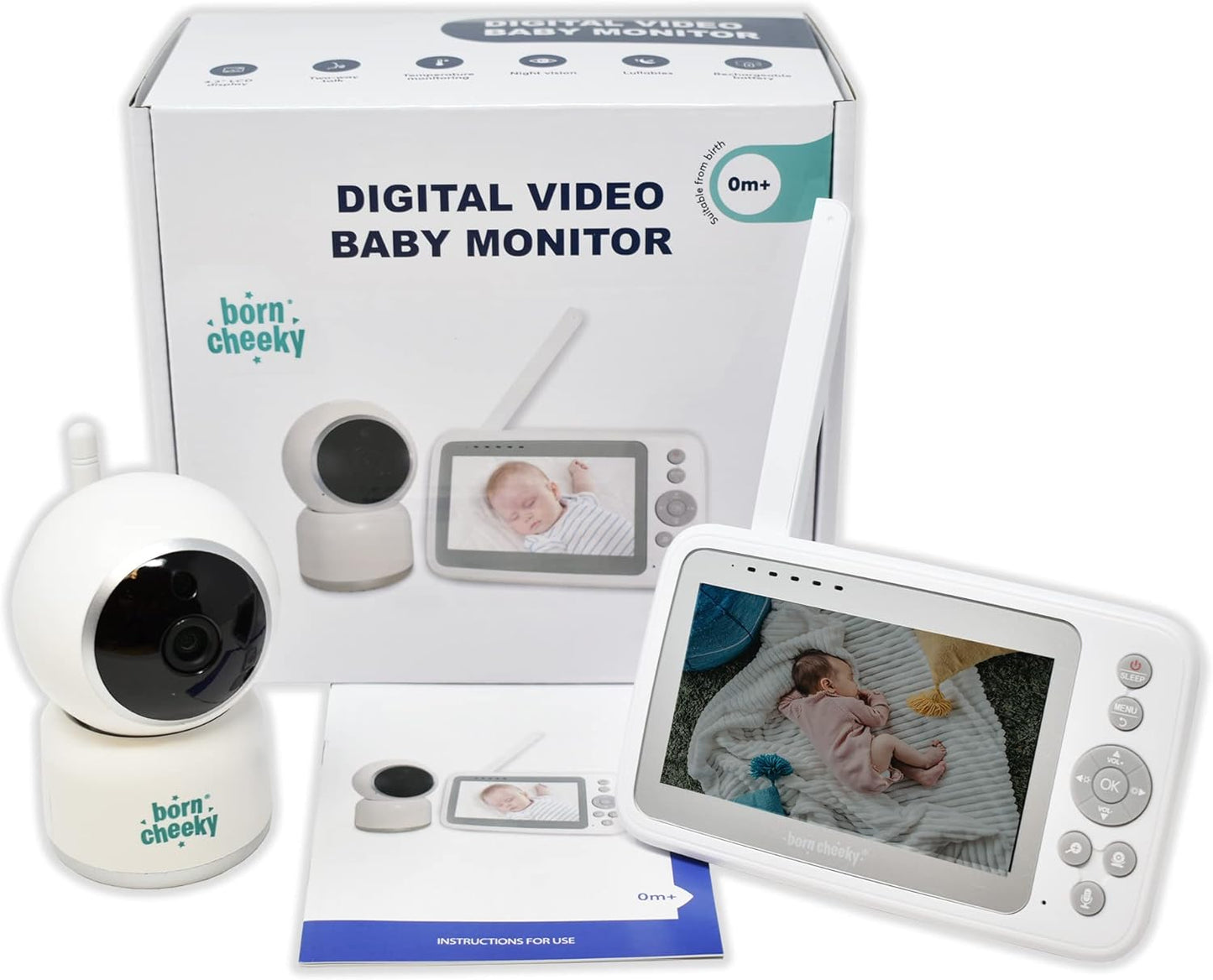 Born Cheeky Monitor de câmera de vídeo para bebês Monitor de temperatura de visão noturna sem fio de 4,3 polegadas 2,4 GHz VOX Microfone de 2 vias Rotação e inclinação da câmera de voz Berçário