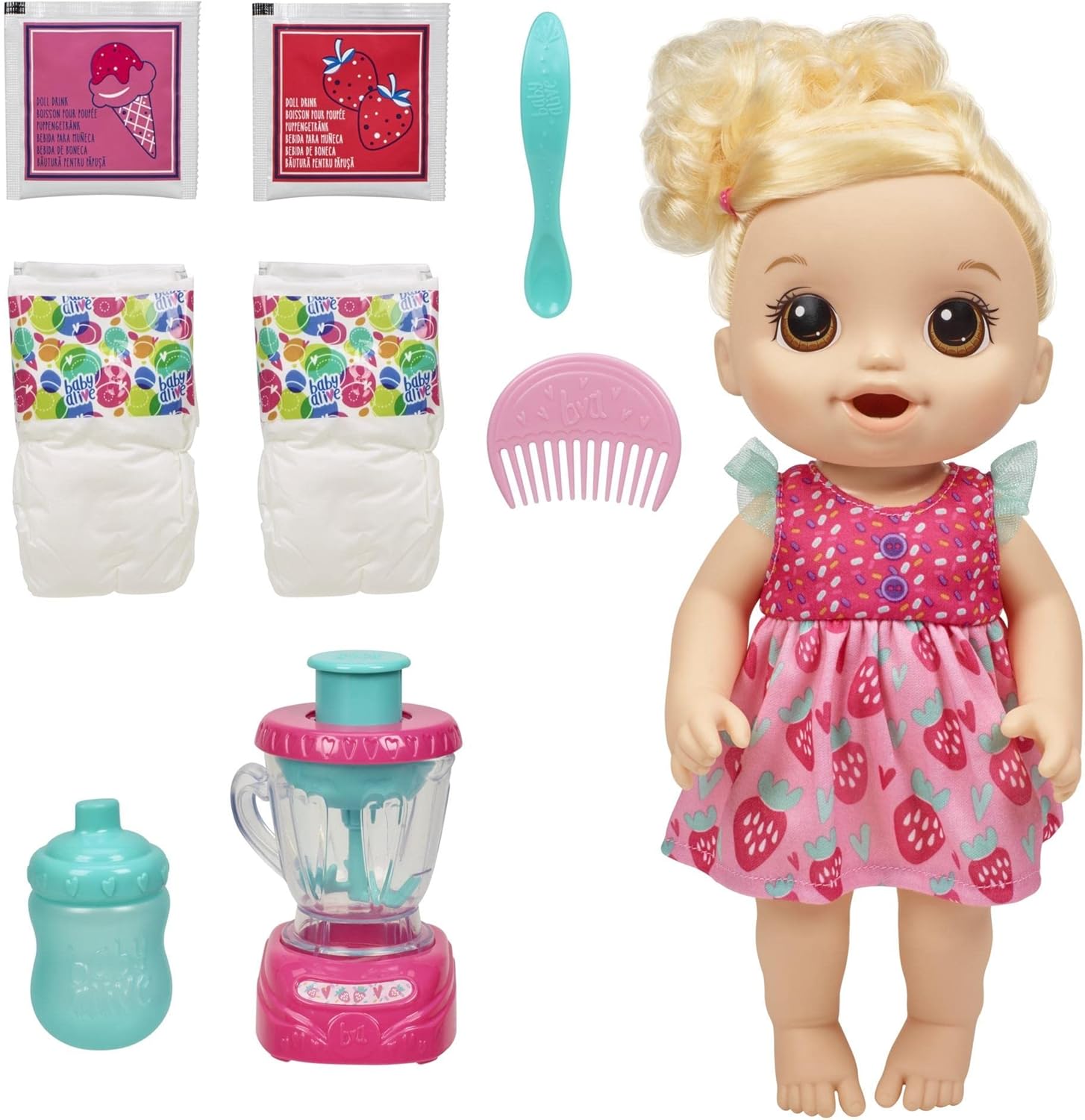 Baby Alive Magic Mixer Baby Doll Batido de fresa con accesorios para l