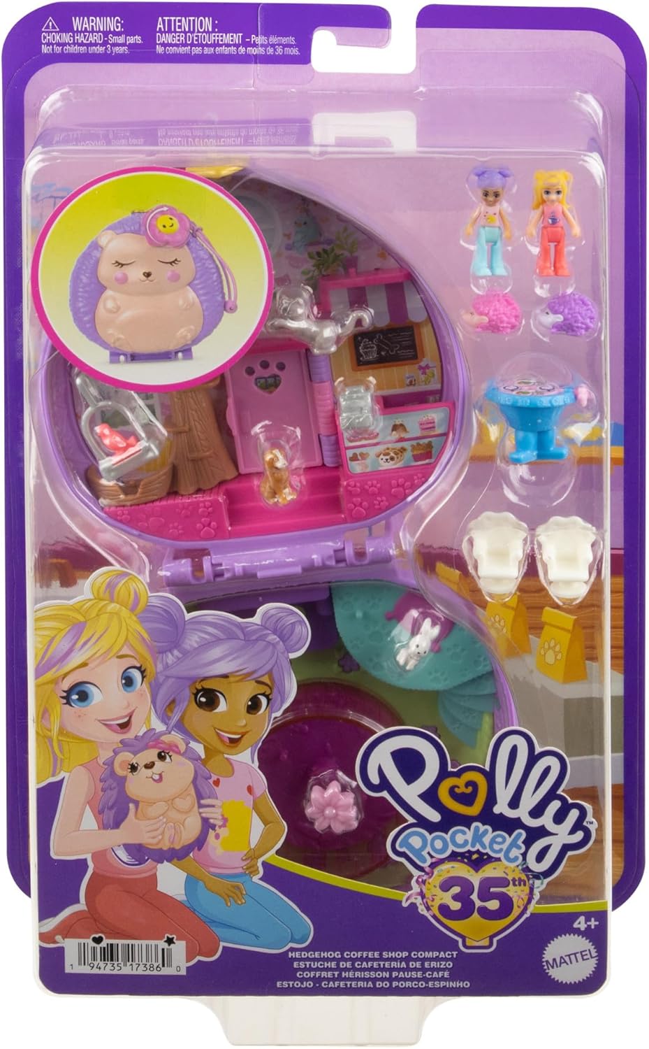 Polly Pocket Dolls e Playset, brinquedo de viagem com exterior Fidget, Hedgehog Coffee Shop Compact com 2 micro bonecos e 10 acessórios, HRD37