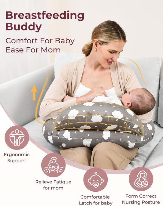 momcozy Almofada de amamentação com amamentação - Suporte ergonômico e cerca de segurança original para a segurança do bebê - Tornando a amamentação fácil e confortável para a mãe e o bebê - Capa de algodão removível, cinza