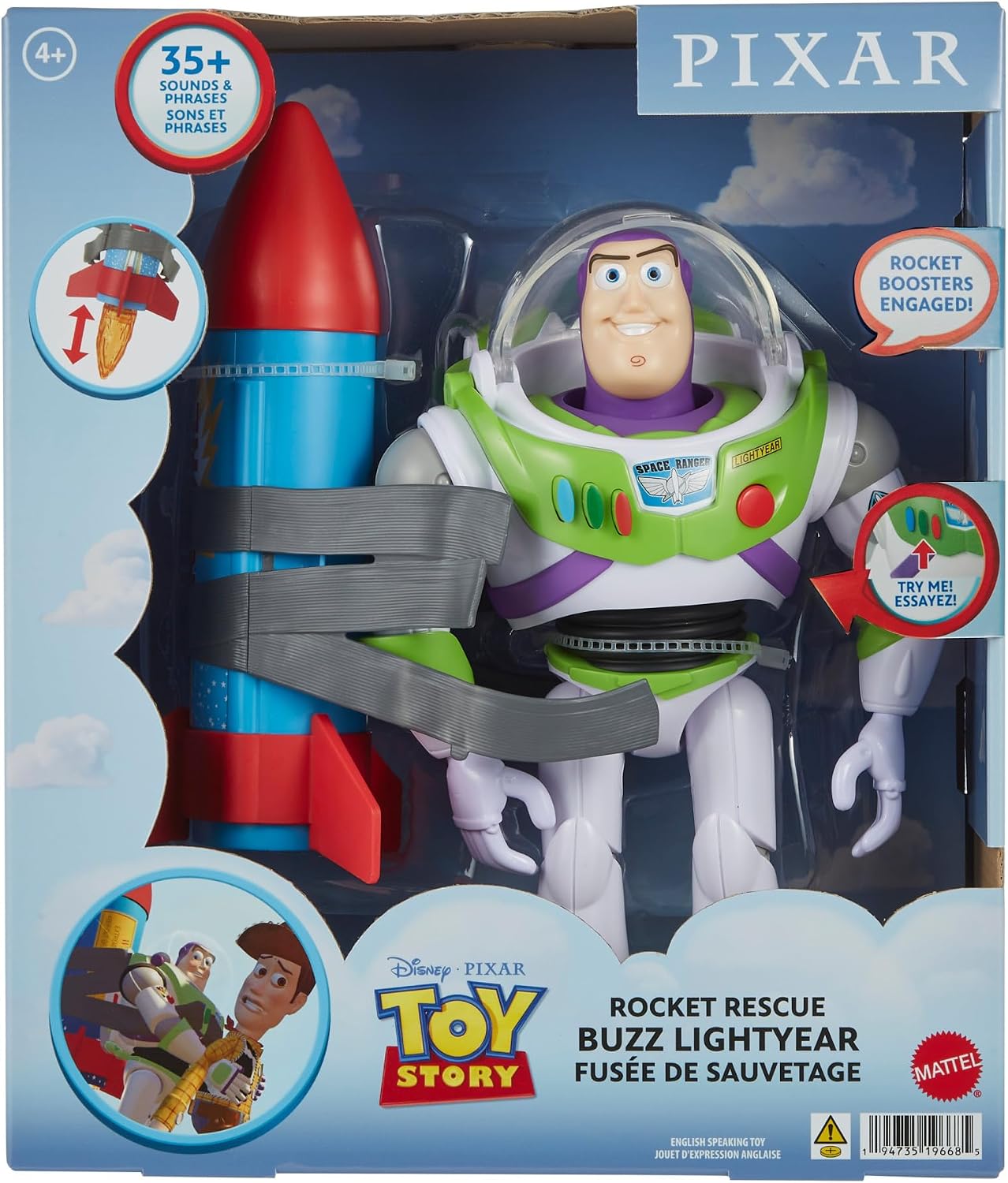 Mattel Disney e Pixar Toy Story Buzz Lightyear Resgate do Foguete | Boneco de Ação Falante com mais de 20 Sons e Frases, Viseira do Capacete Móvel, Escala de 12 Polegadas (aprox. 30 cm), HTR73