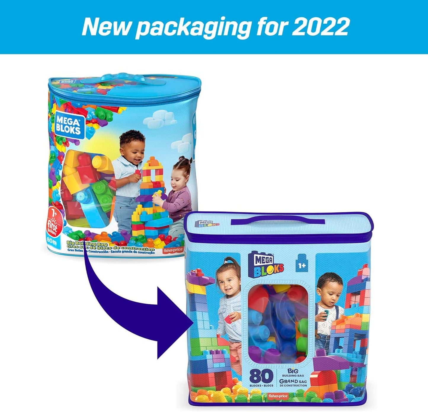 MEGA BLOKS Fisher-Price Toddler Block Toys, Bolsa de construção grande com 80 peças e armazenamento, Azul, Ideias de presentes para crianças de 1 ano ou mais, DCH63