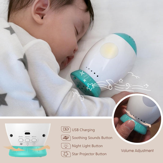 Nueplay Chupete para dormir con canciones de cuna y ruido blanco, proyector de estrellas para decoración de habitación de niños, luces nocturnas para guardería, máquina de sonido portátil para niños, artículos esenciales para bebés para niños y niñas